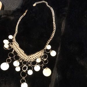 white circle disc drop necklace, silver tone  metal color based